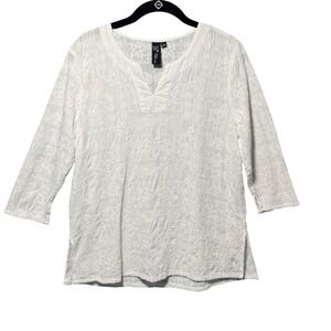 Focus Casual Life White Embroidered Blouse Top 3/4‎ Sleeve V-Neck Cotton Size S